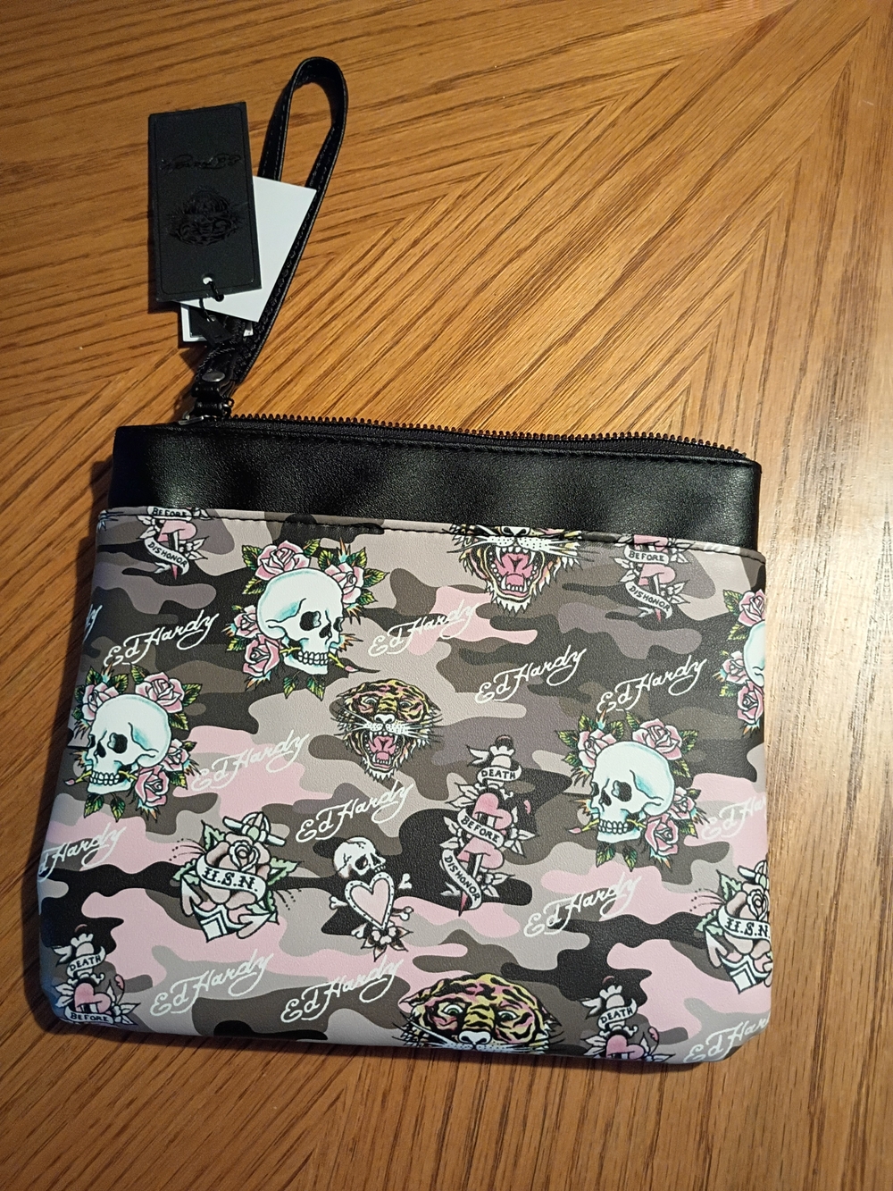 Ed Hardy Pink & Gray Camo Wristlet Pouch